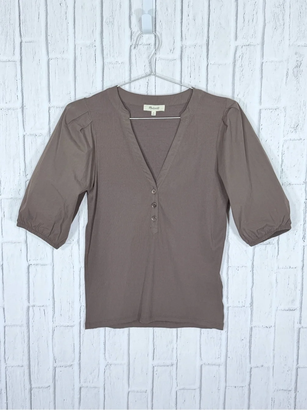 🤎 Madewell Mixed Media Puff Sleeve Henley Top Brown Size Medium